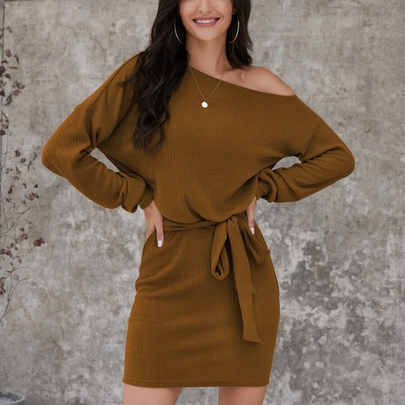 Off the shoulder rib knit belted long sleeVE dress - Picture 3 of 12